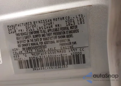 2022 Nissan Sentra Sv Xtronic Cvt z USA, uszkodzony, nr VIN 3N1AB8CVXNY232383